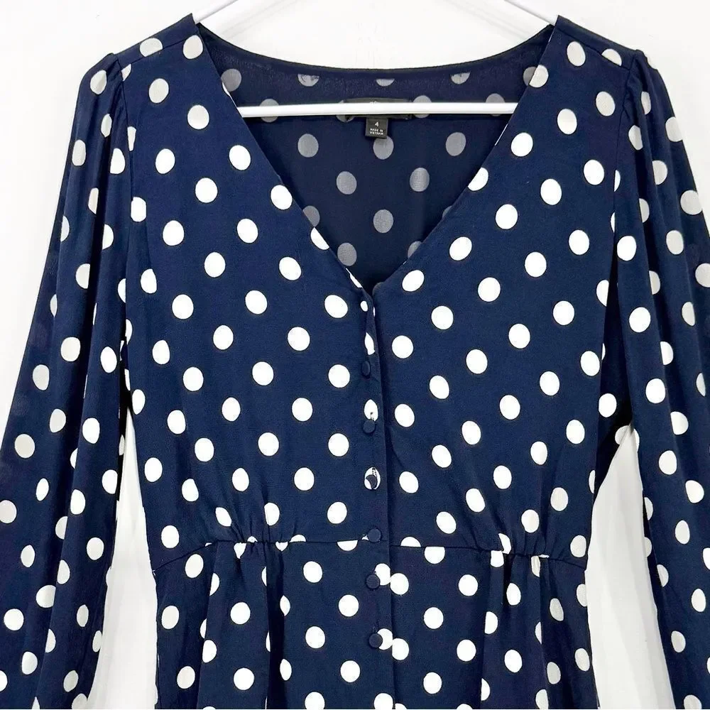 J. Crew Navy Blue White Polka Dot Crepe V Neck Button Front Peplum Blouse